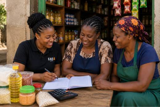 Easy Group mentor guiding two women entrepreneurs during a business mentorship session outside a neighbourhood grocery shop in Kenya.