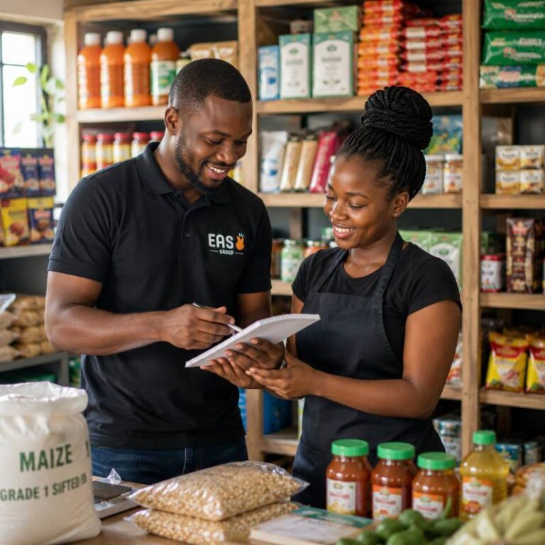 Easy Group mentor reviewing business progress with a young entrepreneur inside a successful local retail shop in Kenya.