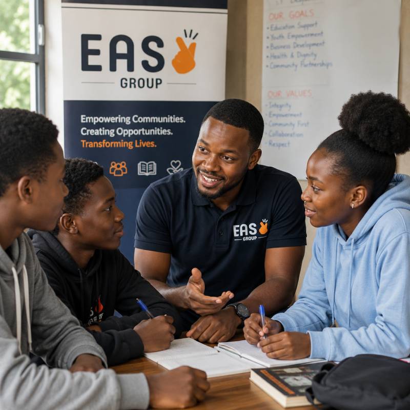 Easy Group volunteer mentoring young people during a community learning and leadership session in Kenya.
