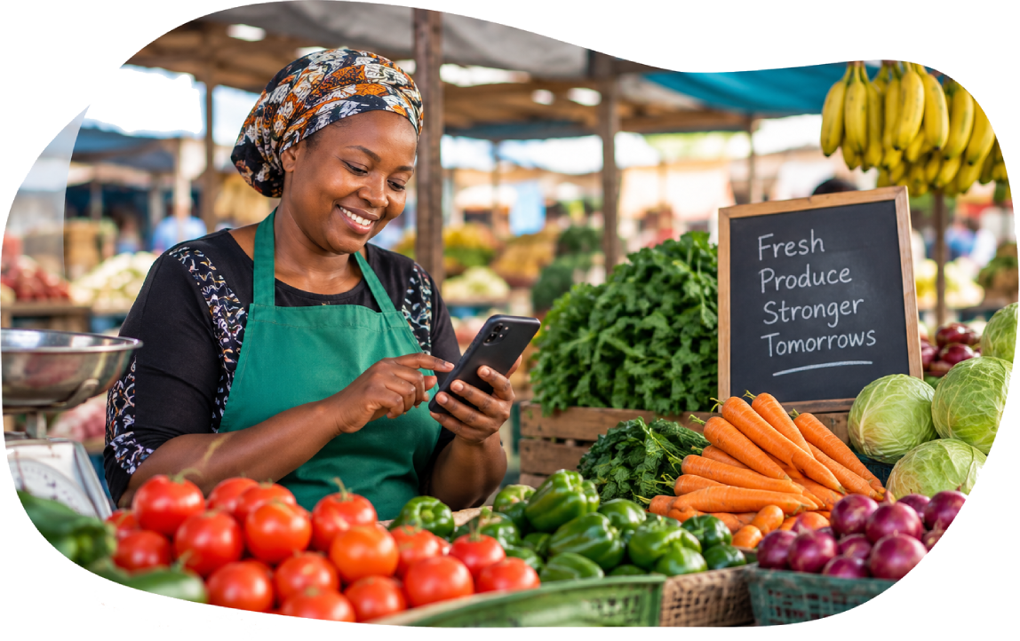 Mama mboga managing her vegetable business with support from Easy Bizz.